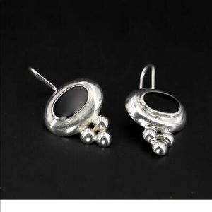 VTG Sterling Silver - SOUTHWESTERN Onyx Oval Pebbled Dangle Earrings